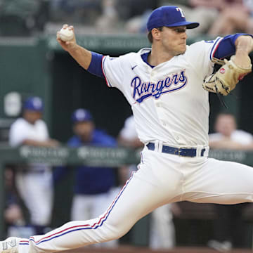 Sep 7, 2024; Arlington, Texas, USA; Texas Rangers starting pitcher Jack Leiter (35) pitches to the Los Angeles Angels during the first inning at Globe Life Field. Mandatory Credit: Jim Cowsert-Imagn Images