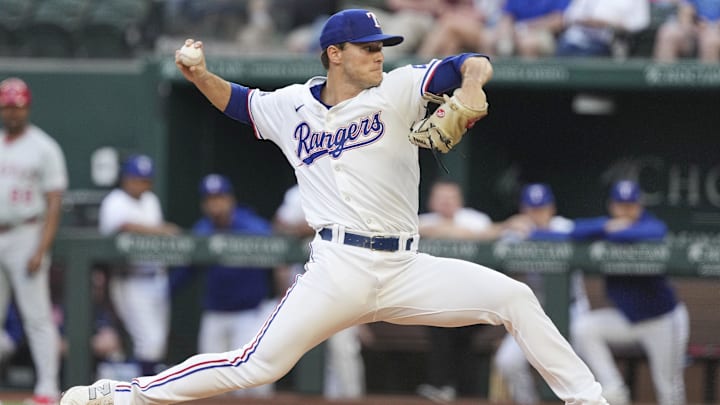 Sep 7, 2024; Arlington, Texas, USA; Texas Rangers starting pitcher Jack Leiter (35) pitches to the Los Angeles Angels during the first inning at Globe Life Field. Mandatory Credit: Jim Cowsert-Imagn Images