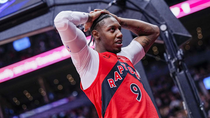 Apr 12, 2026; Toronto, Ontario, CAN; Toronto Raptors RJ Barrett (9) reacts during a NBA game against the Brooklyn Nets during the second half at Scotiabank Arena. Mandatory Credit: Kevin Sousa-Imagn Images