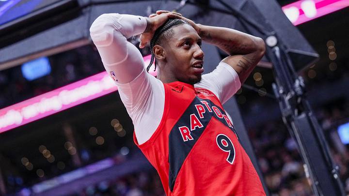 Apr 12, 2026; Toronto, Ontario, CAN; Toronto Raptors RJ Barrett (9) reacts during a NBA game against the Brooklyn Nets during the second half at Scotiabank Arena. Mandatory Credit: Kevin Sousa-Imagn Images