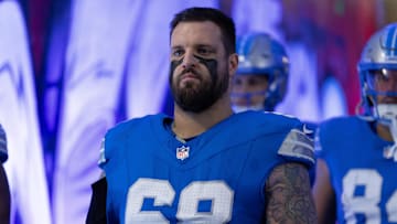 Nov 17, 2024; Detroit, Michigan, USA; Detroit Lions offensive tackle Taylor Decker (68) makes his way to down the tunnel before the start of the game against the Jacksonville Jaguars during the first half at Ford Field. Mandatory Credit: David Reginek-Imagn Images