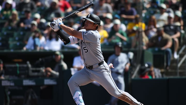 Apr 18, 2026; West Sacramento, California, USA; Chicago White Sox first baseman Munetaka Murakami (5) hits a solo home run during the seventh inning against the Athletics at Sutter Health Park. Mandatory Credit: Scott Marshall-Imagn Images