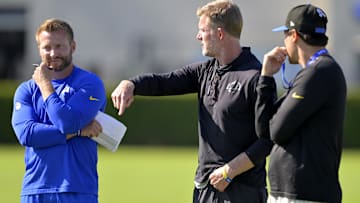 Jul 29, 2024; Los Angeles, CA, USA; Los Angeles Rams head coach Sean McVay, general manager Les Snead and chief of staff Carter Crutchfield. Mandatory Credit: Jayne Kamin-Oncea-Imagn Images