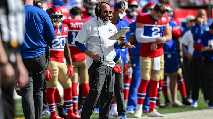 Sep 8, 2024; East Rutherford, New Jersey, USA; New York Giants head coach Brian Dabol looks on during the second half against the Minnesota Vikings at MetLife Stadium.  