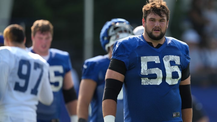 Indianapolis Colts guard Quenton Nelson (56) walks onto the field during the first day of the Indianapolis Colts’ training camp Thursday, July 25, 2024, at Grand Park Sports Complex in Westfield.