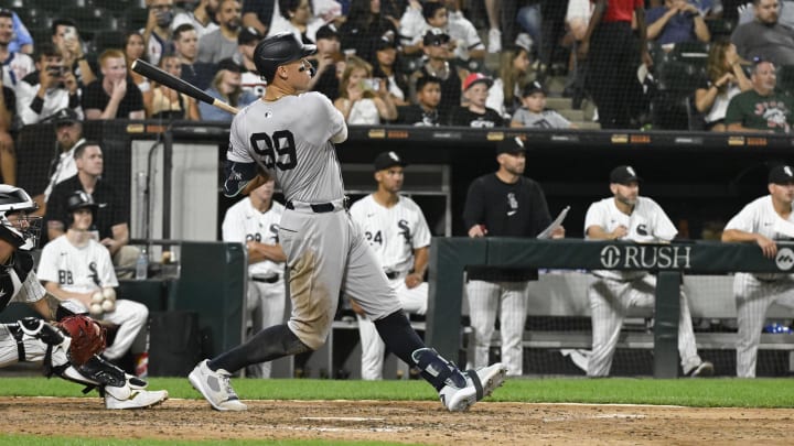 Aug 14, 2024; Chicago, Illinois, USA;  New York Yankees outfielder Aaron Judge (99) watches his 300th home run during the eighth inning against the Chicago White Sox at Guaranteed Rate Field. Mandatory Credit: Matt Marton-USA TODAY Sports