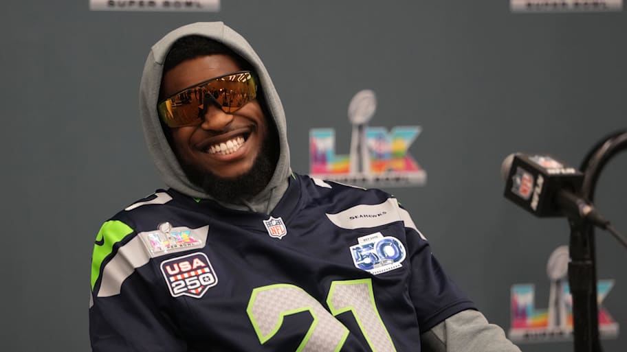 Devon Witherspoon at a Super Bowl week press conference.