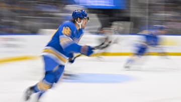 Oct 2, 2025; St. Louis, Missouri, USA; St. Louis Blues center Robert Thomas (18) skates against the Ottawa Senators during the third period at Enterprise Center. Mandatory Credit: Jeff Curry-Imagn Images