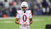 Nov 11, 2023; Seattle, Washington, USA; Utah Utes wide receiver Mikey Matthews (0) during warmups prior to the game against the Washington Huskies at Alaska Airlines Field at Husky Stadium. Mandatory Credit: Steven Bisig-Imagn Images