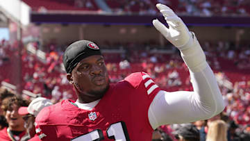 Oct 6, 2024; Santa Clara, California, USA; San Francisco 49ers defensive end Robert Beal Jr. (51) gestures before the game against the Arizona Cardinals at Levi's Stadium. Mandatory Credit: Darren Yamashita-Imagn Images