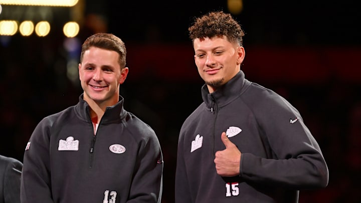 San Francisco 49ers quarterback Brock Purdy (L) and Kansas City Chiefs quarterback Patrick Mahomes (R)
