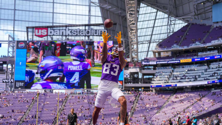 Minnesota Vikings wide receiver Jalen Nailor (83) warms up before the game against the Las Vegas Raiders at U.S. Bank Stadium in Minneapolis on Aug. 10, 2024.