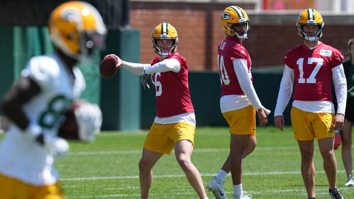 Green Bay Packers quarterback Sean Clifford (6) is shown during organized team activities Wednesday, May 29, 2024 in Green Bay. Also shown are quarterbacks Jordan Love (10) and Michael Pratt (17).