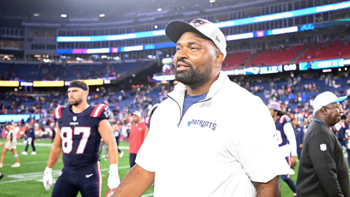 Aug 8, 2024; Foxborough, Massachusetts, USA; New England Patriots  head coach Jerod Mayo walks off of the field after a game against the Carolina Panthers at Gillette Stadium. Mandatory Credit: Brian Fluharty-USA TODAY Sports