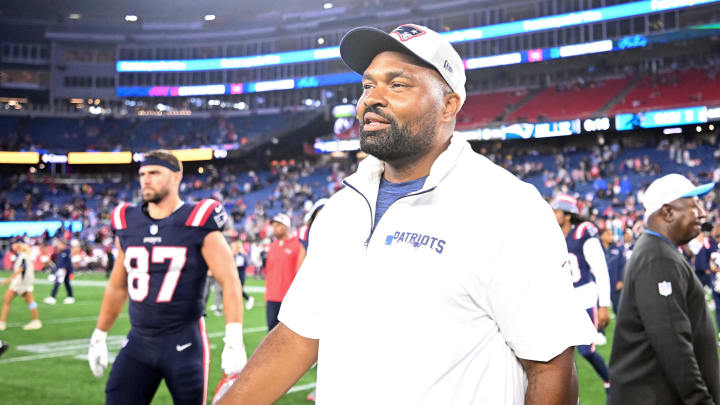 Aug 8, 2024; Foxborough, Massachusetts, USA; New England Patriots  head coach Jerod Mayo walks off of the field after a game against the Carolina Panthers at Gillette Stadium. Mandatory Credit: Brian Fluharty-USA TODAY Sports