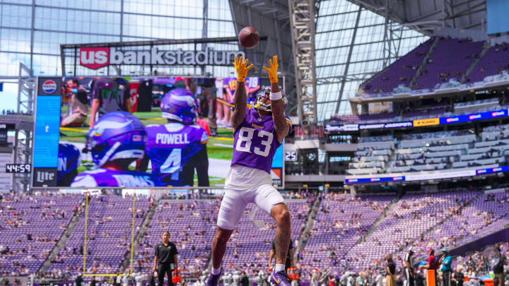 Aug 10, 2024; Minneapolis, Minnesota, USA; Minnesota Vikings wide receiver Jalen Nailor (83) warms up before the game against the Las Vegas Raiders at U.S. Bank Stadium. Mandatory Credit: Brad Rempel-USA TODAY Sports