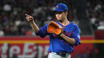 May 7, 2025; Phoenix, Arizona, USA; New York Mets pitcher Kodai Senga (34) reacts to a play against the Arizona Diamondbacks in the first inning at Chase Field. Mandatory Credit: Rick Scuteri-Imagn Images