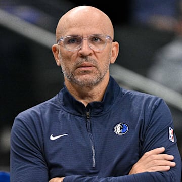 Mar 31, 2025; Dallas, Texas, USA; Dallas Mavericks head coach Jason Kidd looks on during the first quarter against the Brooklyn Nets at the American Airlines Center. Mandatory Credit: Jerome Miron-Imagn Images