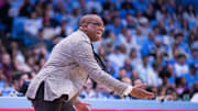 Nov 14, 2025; Chapel Hill, North Carolina, USA; North Carolina Tar Heels head coach Hubert Davis tries to speed up his team during the first half against the North Carolina Central Eagles at Dean E. Smith Center. Mandatory Credit: Scott Kinser-Imagn Images