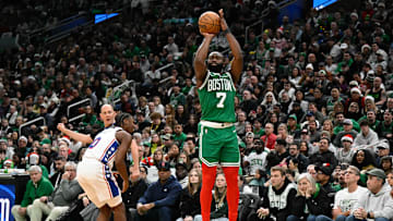 Dec 25, 2024; Boston, Massachusetts, USA; Boston Celtics guard Jaylen Brown (7) shoots the ball against the Philadelphia 76ers during the second half at TD Garden. Mandatory Credit: Eric Canha-Imagn Images