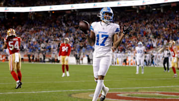 Dec 30, 2024; Santa Clara, California, USA; Detroit Lions wide receiver Tim Patrick (17) celebrates after a play during the third quarter against the San Francisco 49ers at Levi's Stadium. Mandatory Credit: Sergio Estrada-Imagn Images