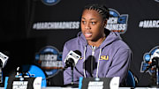 Mar 27, 2025; Spokane, WA, USA; LSU Lady Tigers guard Mikaylah Williams (12) talks with the media during an NCAA Tournament practice session at Spokane Arena. Mandatory Credit: James Snook-Imagn Images