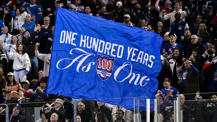 Nov 16, 2025; New York, New York, USA; General view of a flag being waved by New York Rangers staff during the second period against the Detroit Red Wings at Madison Square Garden.