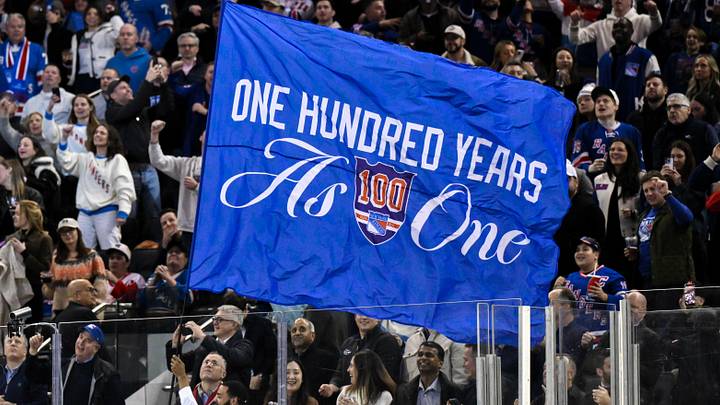 Nov 16, 2025; New York, New York, USA; General view of a flag being waved by New York Rangers staff during the second period against the Detroit Red Wings at Madison Square Garden. Nov 16, 2025; New York, New York, USA; General view of a flag being waved by New York Rangers staff during the second period against the Detroit Red Wings at Madison Square Garden.