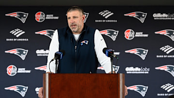 Mar 13, 2025; Foxborough, MA, USA; New England Patriots head coach Mike Vrabel discusses the team's recent free agent additions with the media at Gillette Stadium. Mandatory Credit: Eric Canha-Imagn Images