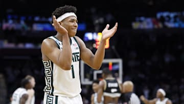 Mar 21, 2025; Cleveland, OH, USA; Michigan State Spartans guard Jeremy Fears Jr. (1) reacts in the second half against the Bryant University Bulldogs during the NCAA Tournament First Round at Rocket Mortgage Fieldhouse. Mandatory Credit: Rick Osentoski-Imagn Images