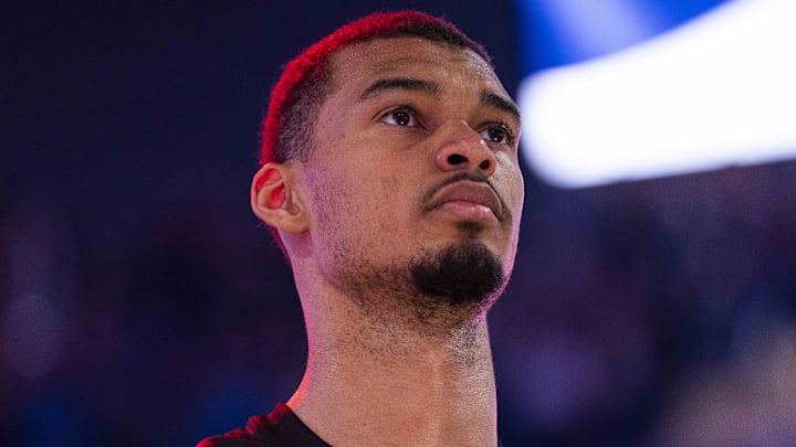 Apr 1, 2026; San Francisco, California, USA; San Antonio Spurs center Victor Wembanyama (1) stands on the court before the start of the game against the Golden State Warriors at the Chase Center. Mandatory Credit: Cary Edmondson-Imagn Images