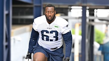 Jun 9, 2025; Foxborough, MA, USA; New England Patriots guard Mehki Butler (63) walks to the practice fields at Gillette Stadium. Mandatory Credit: Eric Canha-Imagn Images