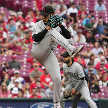 Diamondbacks Eduardo Rodriguez (57) throws his first pitch during the Reds vs. Diamondbacks game at Great American Ball Park on Friday June 6, 2025.