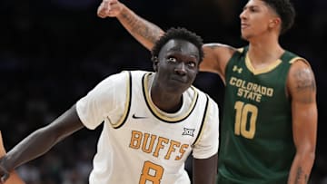 Dec 7, 2024; Boulder, Colorado, USA; Colorado Buffaloes forward Bangot Dak (8) during the second half against the Colorado State Rams at CU Events Center. Mandatory Credit: Ron Chenoy-Imagn Images