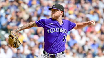 Sep 8, 2024; Milwaukee, Wisconsin, USA; Colorado Rockies starting pitcher Kyle Freeland (21) pitches in the first inning against the Milwaukee Brewers at American Family Field. Mandatory Credit: Benny Sieu-Imagn Images