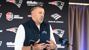 Mar 13, 2025; Foxborough, MA, USA; New England Patriots head coach Mike Vrabel discusses the teamís recent free agent additions with the media at Gillette Stadium. Mandatory Credit: Eric Canha-Imagn Images