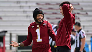 Sep 28, 2024; Chestnut Hill, Massachusetts, USA; Boston College Eagles quarterback Thomas Castellanos (1) speaks to teammates before a game against the Western Kentucky Hilltoppers at Alumni Stadium. Mandatory Credit: Eric Canha-Imagn Images