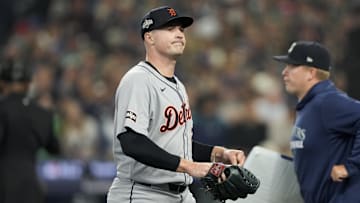 Oct 10, 2025; Seattle, Washington, USA; Detroit Tigers starting pitcher Tarik Skubal (29) walks off the field after the first inning against the Seattle Mariners during game five of the ALDS round for the 2025 MLB playoffs at T-Mobile Park. Mandatory Credit: Stephen Brashear-Imagn Images