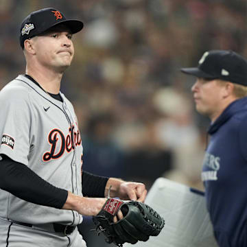 Oct 10, 2025; Seattle, Washington, USA; Detroit Tigers starting pitcher Tarik Skubal (29) walks off the field after the first inning against the Seattle Mariners during game five of the ALDS round for the 2025 MLB playoffs at T-Mobile Park. Mandatory Credit: Stephen Brashear-Imagn Images