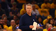 Apr 28, 2025; San Francisco, California, USA; Golden State Warriors head coach Steve Kerr on the sideline during the first quarter of game four of the 2025 NBA Playoffs first round against the Houston Rockets at Chase Center. Mandatory Credit: Kelley L Cox-Imagn Images