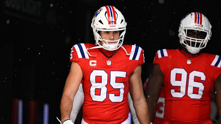 Dec 1, 2024; Foxborough, Massachusetts, USA; New England Patriots tight end Hunter Henry (85) walks out of the player's tunnel before a game against the Indianapolis Colts at Gillette Stadium.