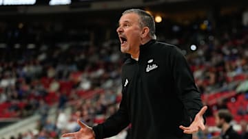 Mar 21, 2025; Raleigh, NC, USA; Mississippi State Bulldogs head coach Chris Jans reacts during the first half against the Baylor Bears in the first round of the NCAA Tournament at Lenovo Center. Mandatory Credit: Bob Donnan-Imagn Images