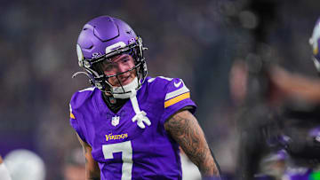 Nov 3, 2024; Minneapolis, Minnesota, USA; Minnesota Vikings cornerback Byron Murphy Jr. (7) celebrates his interception against the Indianapolis Colts in the fourth quarter at U.S. Bank Stadium. Mandatory Credit: Brad Rempel-Imagn Images