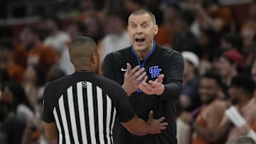 Feb 15, 2025; Austin, Texas, USA; Kentucky Wildcats head coach Mark Pope argues with an official during the second half against the Texas Longhorns at Moody Center. Mandatory Credit: Scott Wachter-Imagn Images