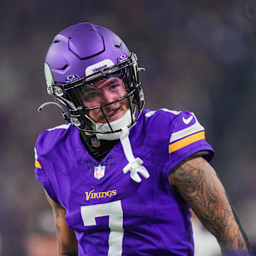 Nov 3, 2024; Minneapolis, Minnesota, USA; Minnesota Vikings cornerback Byron Murphy Jr. (7) celebrates his interception against the Indianapolis Colts in the fourth quarter at U.S. Bank Stadium. Mandatory Credit: Brad Rempel-Imagn Images