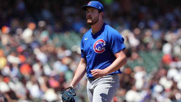 Jun 27, 2024; San Francisco, California, USA; Chicago Cubs relief pitcher Luke Little (43) reacts after a strikeout to end the seventh inning against the San Francisco Giants at Oracle Park.