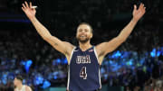 United States shooting guard Stephen Curry (4) celebrates in the second half against France in the men's basketball gold medal game during the Paris 2024 Olympic Summer Games.