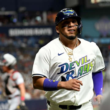 Tampa Bay Rays designated hitter Isaac Paredes (17) reacts after scoring a run in the second inning against the Cincinnati Reds at Tropicana Field on July 26.