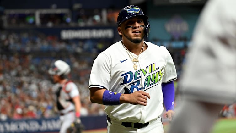 Jul 26, 2024; St. Petersburg, Florida, USA; Tampa Bay Rays designated hitter Isaac Paredes (17) reacts after scoring a run in the second inning against the Cincinnati Reds at Tropicana Field. Mandatory Credit: Jonathan Dyer-USA TODAY Sports