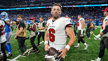 Tampa Bay Buccaneers quarterback Baker Mayfield (6) at the end of the Detroit Lions game against the Tampa Bay Buccaneers at Ford Field in Detroit on Sunday, Sept. 15, 2024. Buccaneers won 20-16.